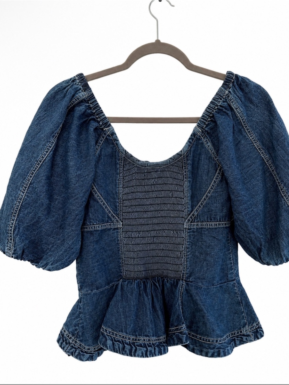 NWT Pilcro Puff-Sleeve Peplum Blouse Off-Shoulder Denim - Dark Blue Size M - Picture 5 of 8